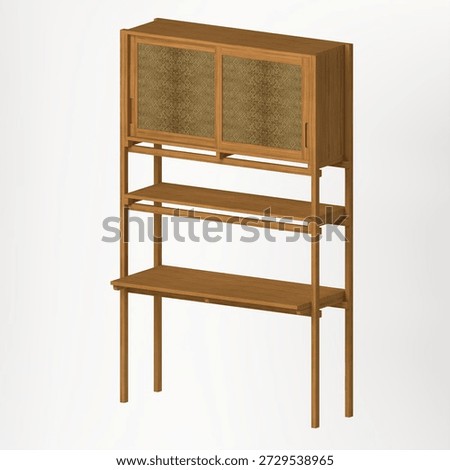 Perspective view of a rack cabinet made from solid teak wood with patterned glass doors. The angled view highlights proportions, wood grain, and a balanced storage structure.