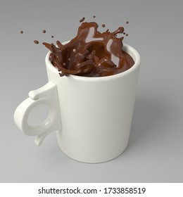 Perspective view, renderer 3d image the a cup black chocolate, splatter chocolate, 300 dpi quality, tiff format.