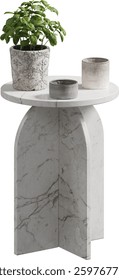 Perspective view of round marble coffee table with basil plant on top