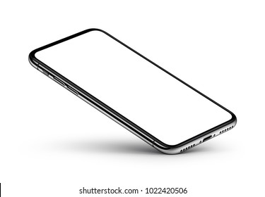 Perspective view smartphone mockup with blank white screen rests on one corner with shadow on white background. 3D illustration.