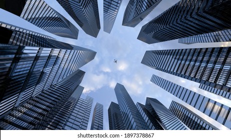 Perspective View To Steel Light Blue Of Glass High Rise Building Skyscraper City Of Future And Airplane. Business And Travel Concept Of Industry Tech Architecture. 3d Rendering. 3d Illustration