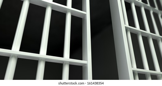 A Perspective View Of White Iron Jail Cell Bars And An Open Sliding Bar Door On A Dark Background