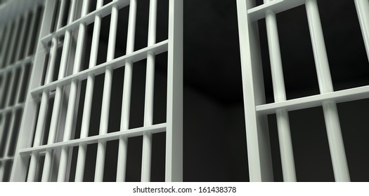 A Perspective View Of White Iron Jail Cell Bars And An Open Sliding Bar Door On A Dark Background