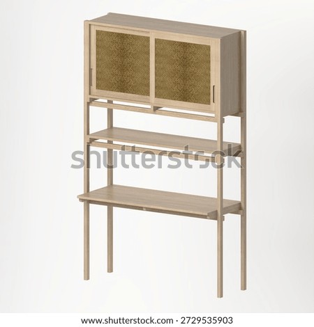 Perspective view of a white oak rack cabinet featuring patterned glass doors. The angled view highlights proportions, wood grain, and the balance between open structure and enclosed storage.