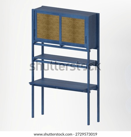 Perspective view of a white oak rack cabinet with an indigo finish and patterned glass doors. The angled view emphasizes proportions, wood grain, and balanced storage structure.