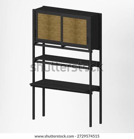 Perspective view of a white oak rack cabinet with a black water finish and patterned glass doors. The angled view highlights proportions, dark grain depth, and balanced storage structure.