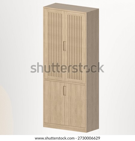 Perspective view of a white oak storage cabinet with vertical slatted doors. The angled view emphasizes proportions, clean lines, and the natural wood grain character.