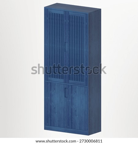 Perspective view of a white oak storage cabinet with an indigo finish and slatted doors. The angled view emphasizes proportions, texture, and balanced vertical form.