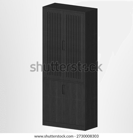 Perspective view of a white oak storage cabinet with a black water finish and slatted doors. The angled view highlights proportions, dark grain depth, and balanced vertical form.