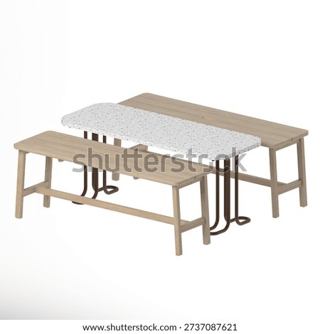 Perspective view of white oak table set with matching benches, featuring natural light wood tone, solid structure, and minimalist contemporary design suitable for modern dining or communal spaces.
