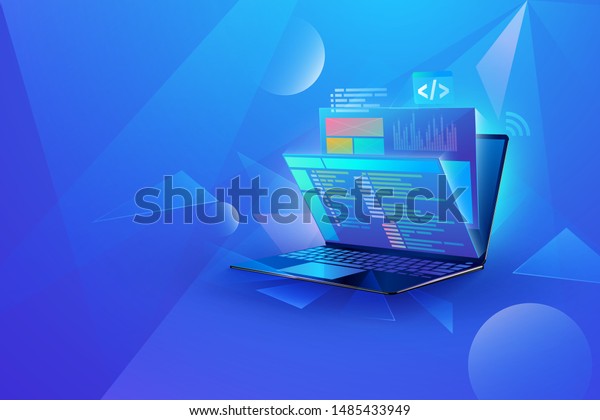 Perspective web development technology concept design. Laptop with virtual interactive screens processing, web interface design, software coding and programming languages