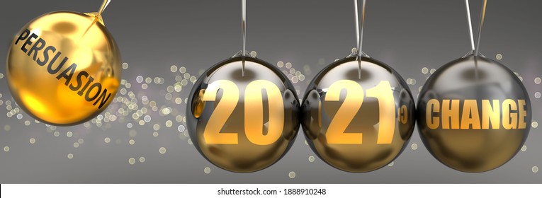 Persuasion as a driving force of change in the new year 2021 - pictured as a swinging sphere with phrase Persuasion giving momentum to 2021 that leads to a change, 3d illustration