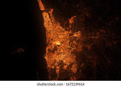 Perth Top View From Satellite At Night. Aerial View On Modern City. Urbanization Concept