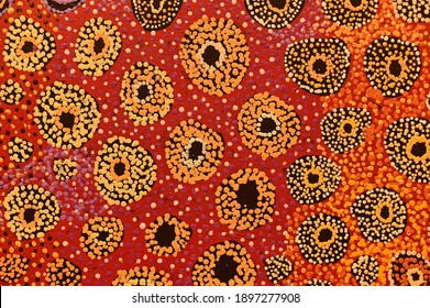 PERTH, WA - JAN 17 2021:Indigenous Australian Art Dot Painting. It's One Of The Oldest Traditional Form Of Art In The World. Paint Marks To Tell Aboriginal Myths And Legends