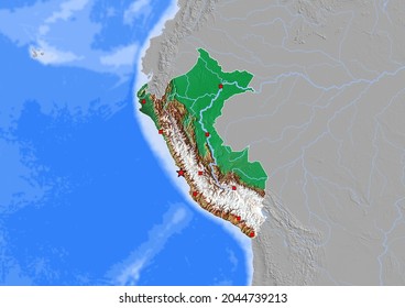 Peru Map, Map Of Peru With Capital And Major Cities - 3D Rendering. 3d Map Colored Considering Vegetation And Land Use.