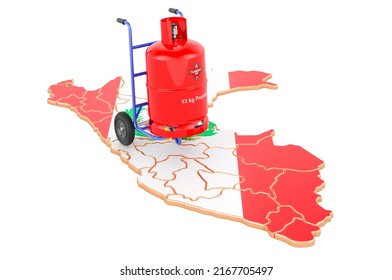 Peruvian Map With Propane Gas Cylinder On Hand Truck. Gas Delivery Service In Peru, Concept. 3D Rendering Isolated On White Background