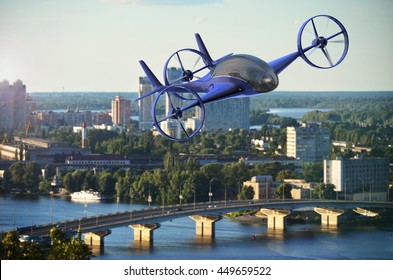 Pesonal Air Vehicle Flying Above The Cityscape, Flying Car Of The Future 3d Concept, Futuristic Vehicle In The City, Air Car Concept - 3D Rendering