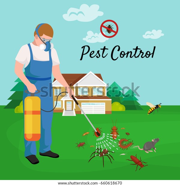 Pest control concept with insects\
exterminator silhouette flat\
illustration