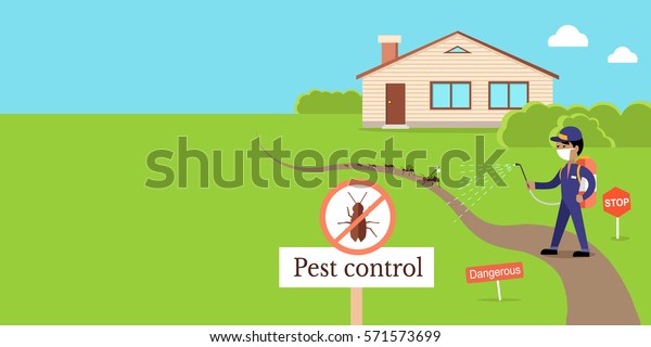Pest control  web banner. Flat design. Man in\
uniform with face mask spray pesticides from sprayer near house.\
Chemical treatment against ants, termites, cockroaches, fleas,\
agricultural pests.