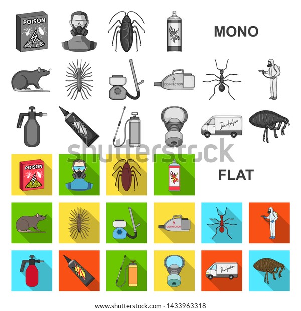 Pest, poison, personnel and equipment flat\
icons in set collection for design. Pest control service bitmap\
symbol stock web\
illustration.