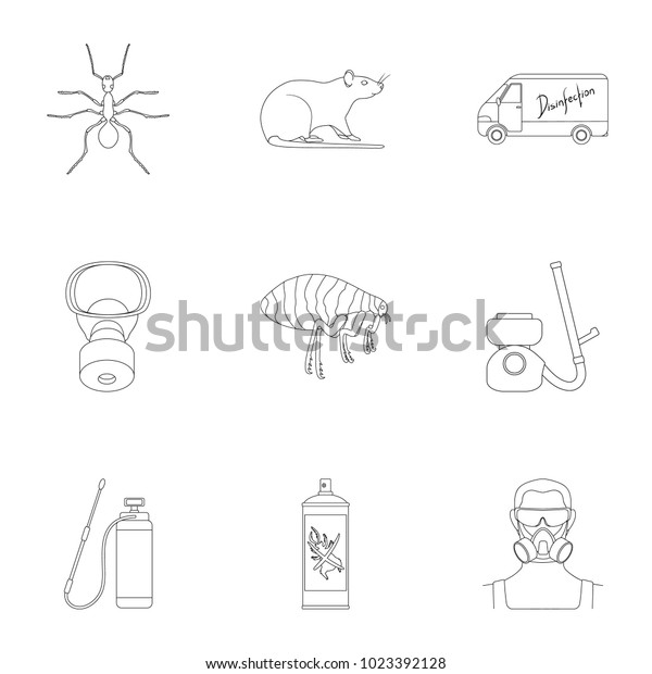 Pest, poison, personnel and various\
equipment outline icons in set collection for design. Pest control\
service bitmap symbol stock web\
illustration.