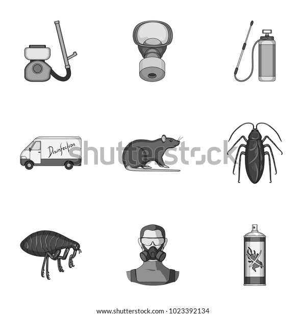 Pest, poison, personnel and various\
equipment monochrome icons in set collection for design. Pest\
control service bitmap symbol stock web\
illustration.