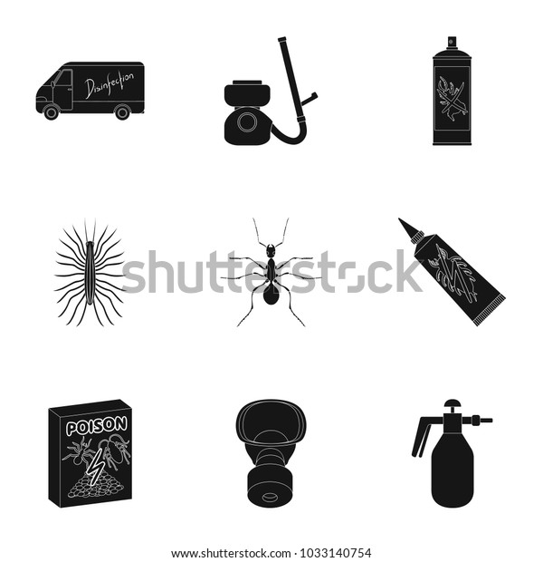 Pest, poison, personnel and\
various equipment black icons in set collection for design. Pest\
control service raster, bitmap symbol stock web\
illustration.