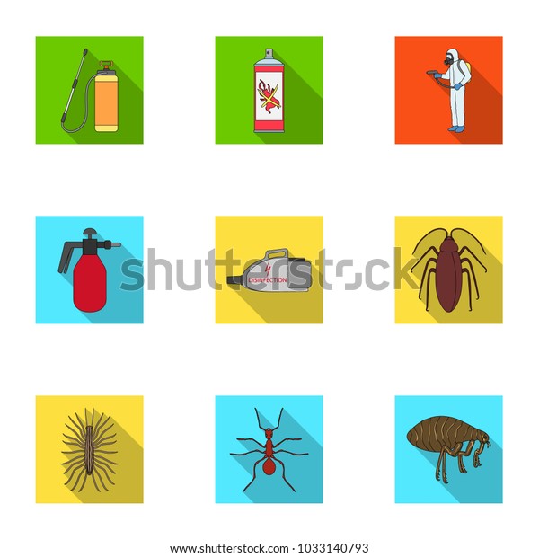 Pest, poison, personnel and\
various equipment flat icons in set collection for design. Pest\
control service raster, bitmap symbol stock web\
illustration.