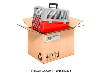 Pet Carrier Inside Cardboard Box, Delivery Concept. 3D Rendering Isolated On White Background