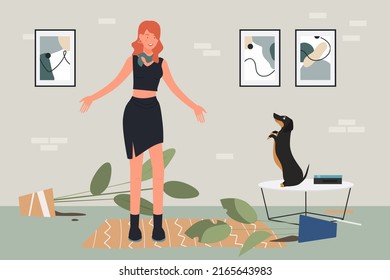 Pet Dog Education Illustration. Cartoon Overwhelmed Pet Owner Young Woman Character Upset By Bad Dachshund Dog Behavior And Mess, Playful Naughty Doggy And Messy Home Room Interior Background