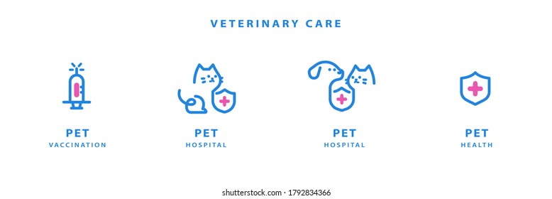 Pet health care line labels set in blue color with dog, cat, shield and syringe elements - Powered by Shutterstock