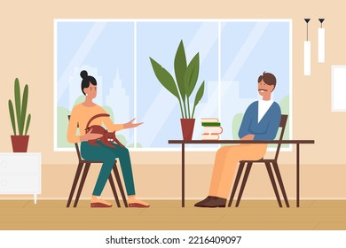 Pet Owner And Cat On Medical Veterinary Exam Illustration. Cartoon Young Woman Character Sitting With Sick Kitten In Medicine Animal Health Care Office, Visiting Doctor In Hospital Background