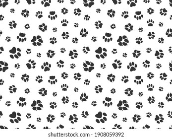 Pet paw pattern. Animal background with god cat paws. Pet steps seamless texture