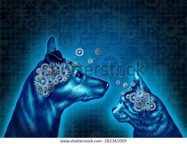 Pet psychology and understanding and\
communicating with pets as a dog and a cat with gears and cog\
wheels shaped as an animal brain as a medical metaphor for pet\
behavior training and\
therapy.