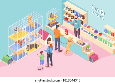 Pet Shop Cats And Dogs, Animals And Veterinary Store, Isometric Design. People Buying Food And Vet Products On Shelf Of Pet Store, Kid Choosing Puppy Dog Pet Or Cat, Rabbit And Parrot In Cage