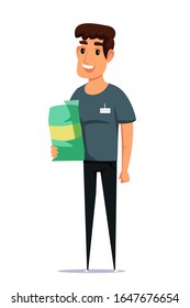 Pet Shop Employee Illustration. Smiling Young Man Holding Dog Food Bag Cartoon Character. Smiling Animal Shelter Worker, Manager With Badge. Friendly Salesman With Canine Nutrition. Raster Copy