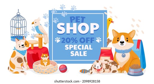Pet shop sale banner with domestic animals, dog and cat. Zoo store flyer or discount coupon on accessories, toys and supplies  concept. Vet market for parrot, hamster and rabbit