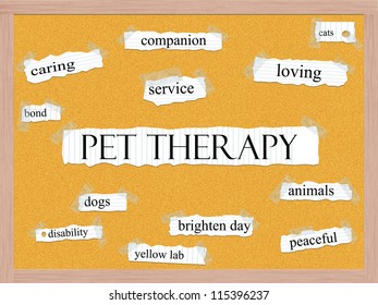 Pet Therapy Corkboard Word Concept With Great Terms Such As Caring, Service, Dog, Cat And More.