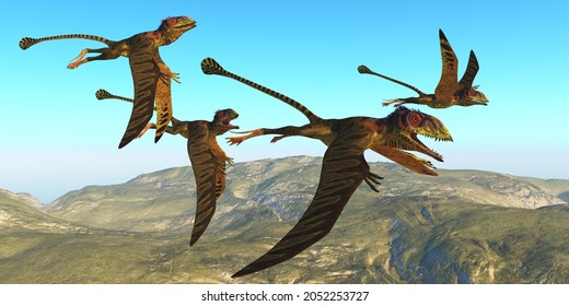 Peteinosaurus Reptile Flight 3d Illustration - A Flock Of Peteinosaurus Reptiles Fly Over A Mountainous Landscape During The Triassic Age Of Italy.