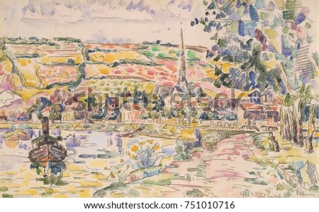 Petit Andely-The River Bank, by Paul Signac, 1920-29, French Post-Impressionist watercolor painting. This is a view of the harbor of Les Andelys, a village on the Seine River near Giverny