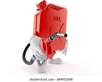 Petrol Canister Character Holding Gasoline Nozzle Isolated On White Background. 3d Illustration