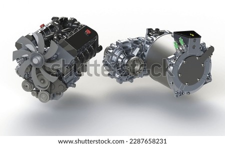 Petrol engine versus electric engine 3D rendering.Thermal versus electric