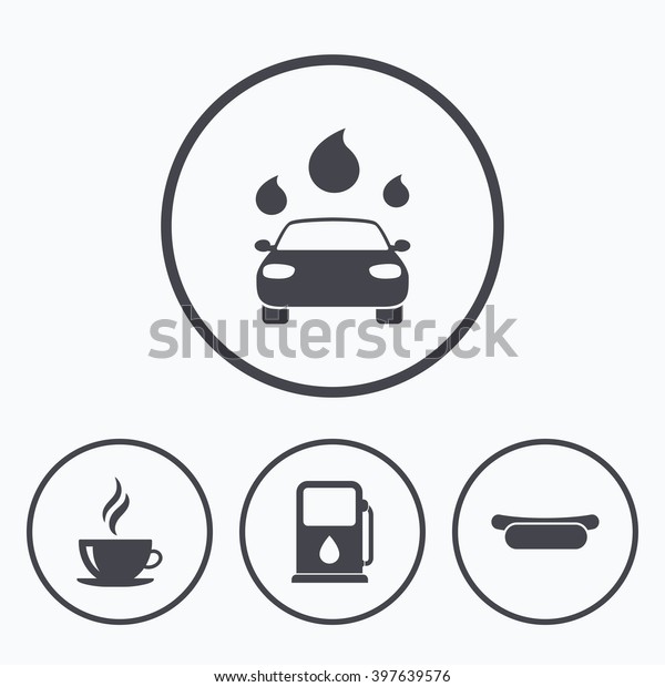 Petrol or Gas station services icons. Automated\
car wash signs. Hotdog sandwich and hot coffee cup symbols. Icons\
in circles.