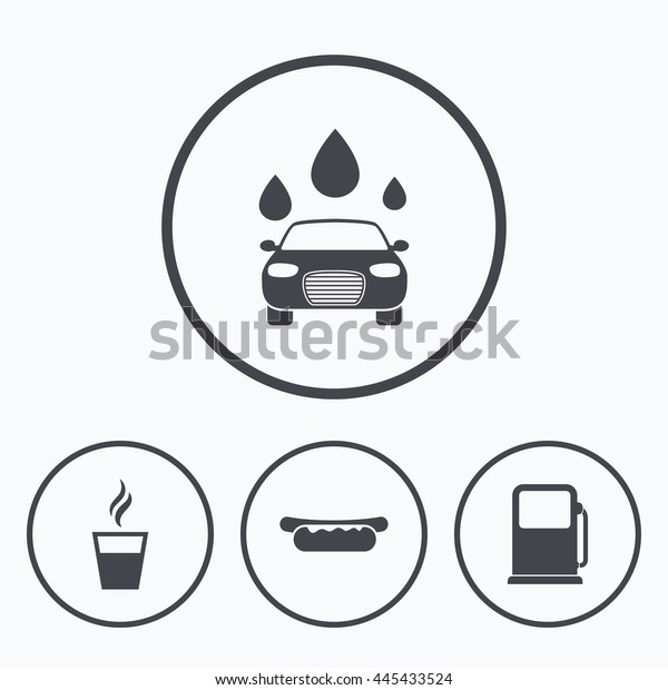 Petrol or Gas station services icons. Automated\
car wash signs. Hotdog sandwich and hot coffee cup symbols. Icons\
in circles.