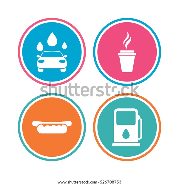 Petrol or Gas station services icons. Automated car wash\
signs. Hotdog sandwich and hot coffee cup symbols. Colored circle\
buttons. 