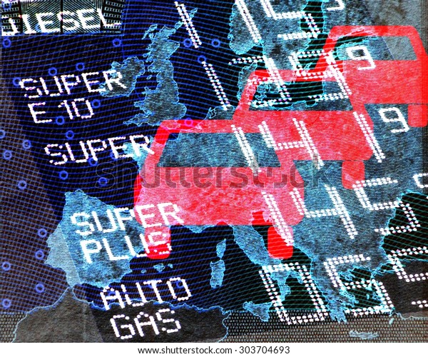 Petrol\
prices in Europe The map of Europe is overlaid by a translucent\
fuel price display panel, front red car\
symbols