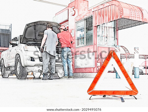 Petrol station staff helps customer inspect car\
engine as it doesn\'t start. Car owner check engine for safety long\
journey. Opened hood pickup truck is breakdown then put safety\
warning traffic\
sign.