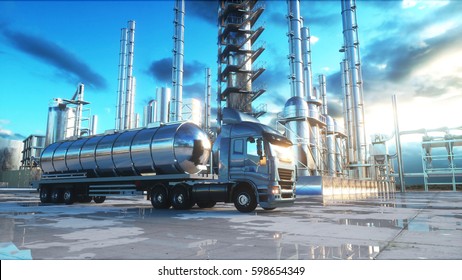 Petrol Truck Near Oil, Petrol Plant. 3d Rendering.