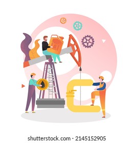 Petroleum Industry, Illustration. Pump Jack Extracting Crude Oil From Oil Well, Oilman Cartoon Characters. Oil Production Concept For Web Banner, Website Page Etc.