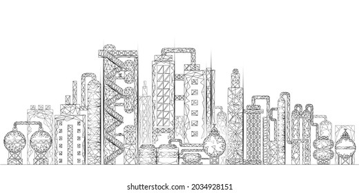 Petroleum oil refinery complex low poly business concept. Finance economy polygonal petrochemical production plant. Petroleum fuel industry downstream. Ecology solution white  illustration